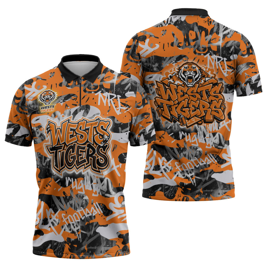 Wests Tigers Rugby Zipper Polo Shirt Graffiti Typography Urban Camo Abstract Street Style