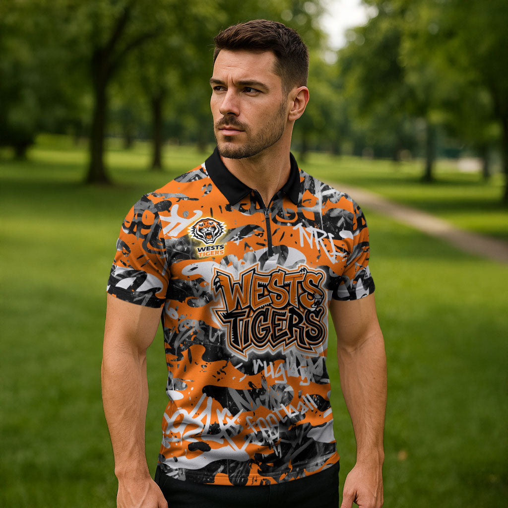 Wests Tigers Rugby Zipper Polo Shirt Graffiti Typography Urban Camo Abstract Street Style