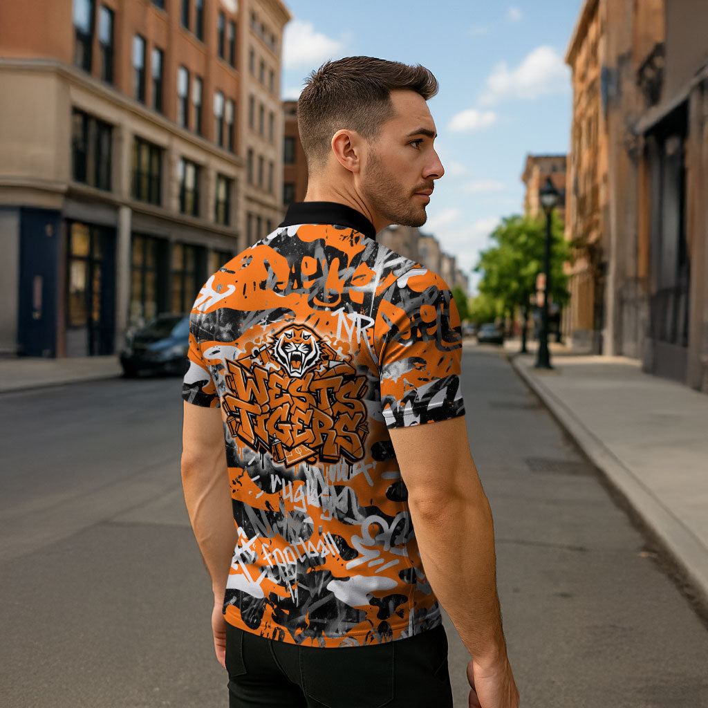 Wests Tigers Rugby Zipper Polo Shirt Graffiti Typography Urban Camo Abstract Street Style