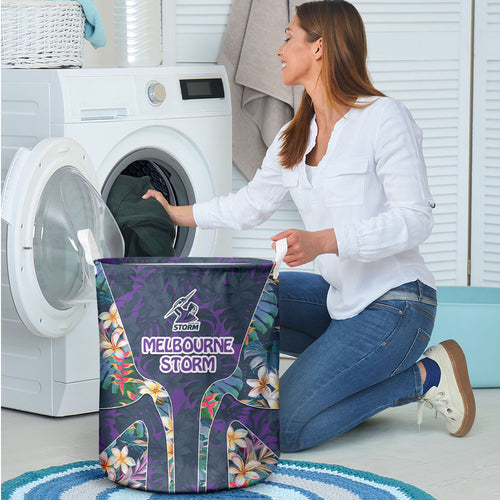 Melbourne Storm Laundry Basket Tropical Hibiscus Floral Pattern With Purple And Blue Accents