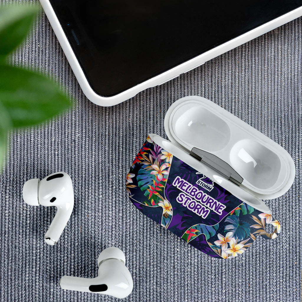 Melbourne Storm AirPods Case Tropical Hibiscus Floral Pattern With Purple And Blue Accents