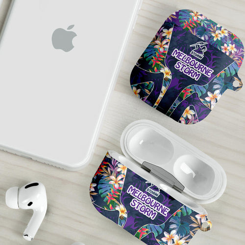 Melbourne Storm AirPods Case Tropical Hibiscus Floral Pattern With Purple And Blue Accents