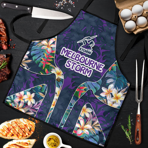 Melbourne Storm Apron Tropical Hibiscus Floral Pattern With Purple And Blue Accents