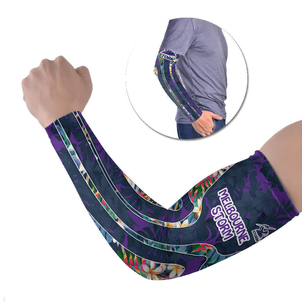 Melbourne Storm Arm Sleeves Tropical Hibiscus Floral Pattern With Purple And Blue Accents