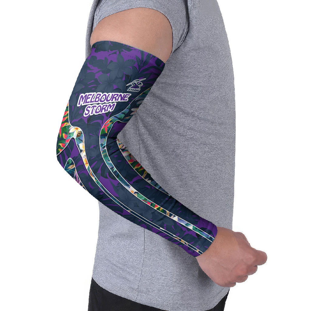 Melbourne Storm Arm Sleeves Tropical Hibiscus Floral Pattern With Purple And Blue Accents
