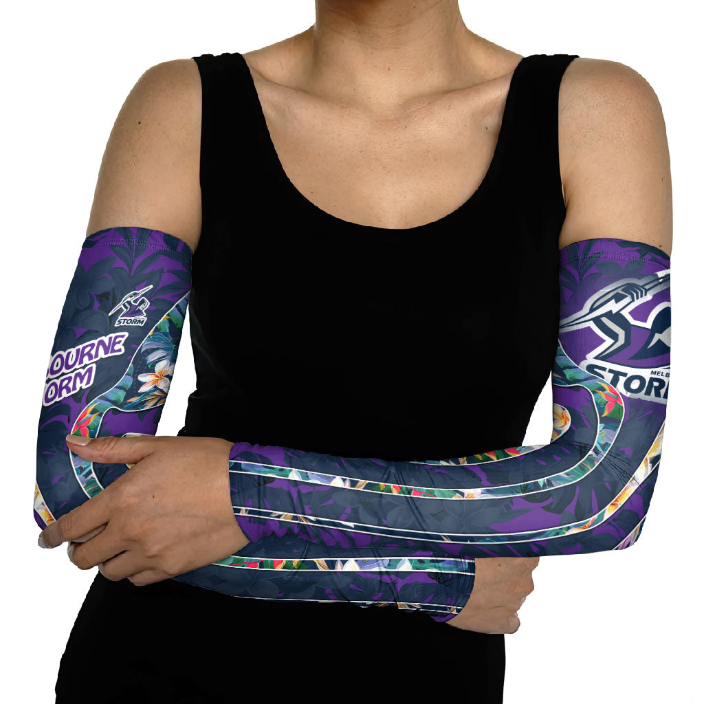 Melbourne Storm Arm Sleeves Tropical Hibiscus Floral Pattern With Purple And Blue Accents