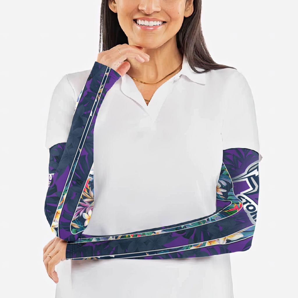 Melbourne Storm Arm Sleeves Tropical Hibiscus Floral Pattern With Purple And Blue Accents