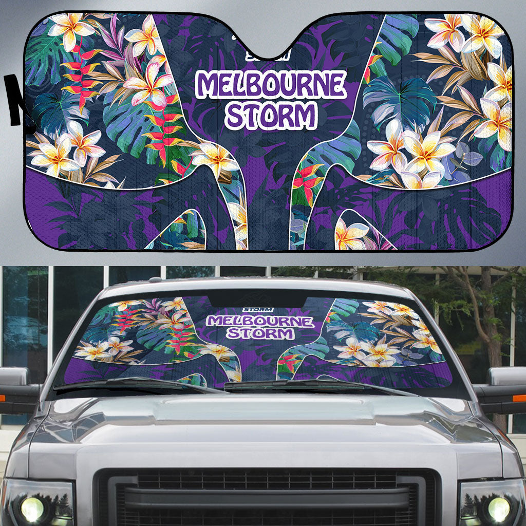Melbourne Storm Auto Sun Shade Tropical Hibiscus Floral Pattern With Purple And Blue Accents