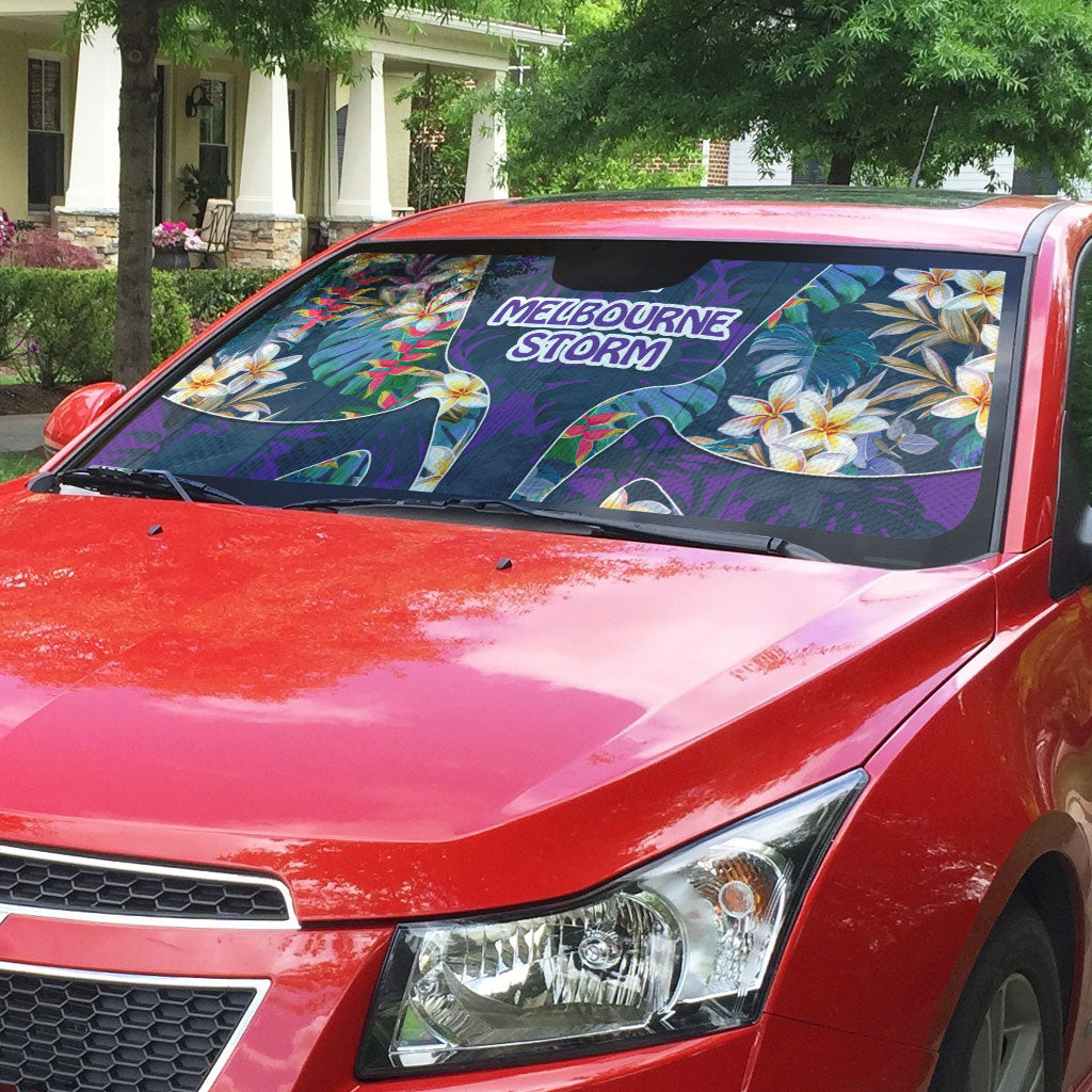 Melbourne Storm Auto Sun Shade Tropical Hibiscus Floral Pattern With Purple And Blue Accents