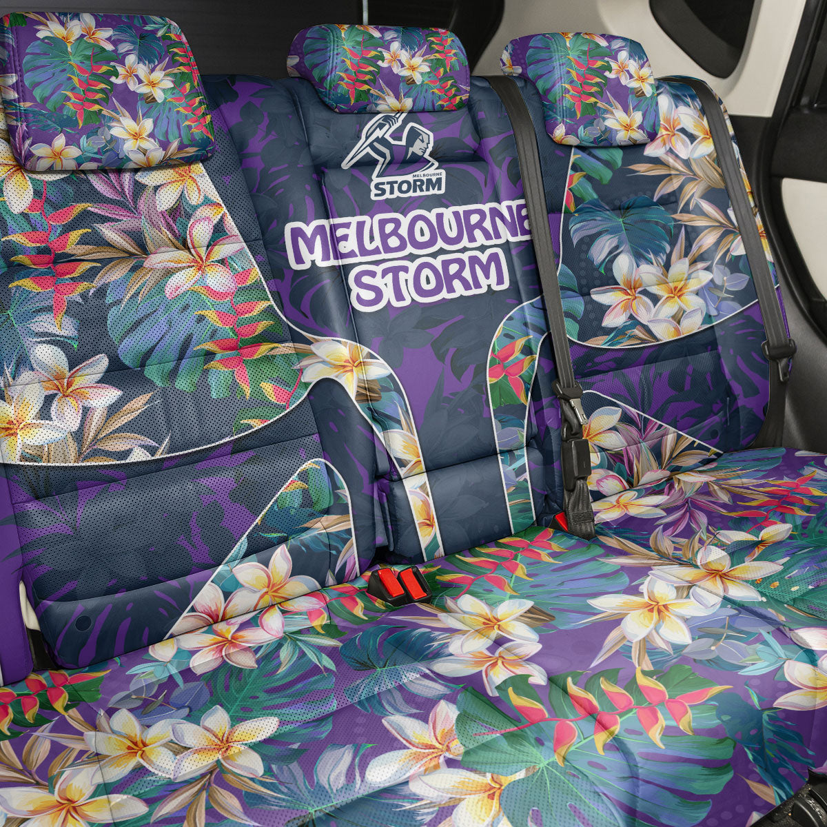Melbourne Storm Back Car Seat Cover Tropical Hibiscus Floral Pattern With Purple And Blue Accents