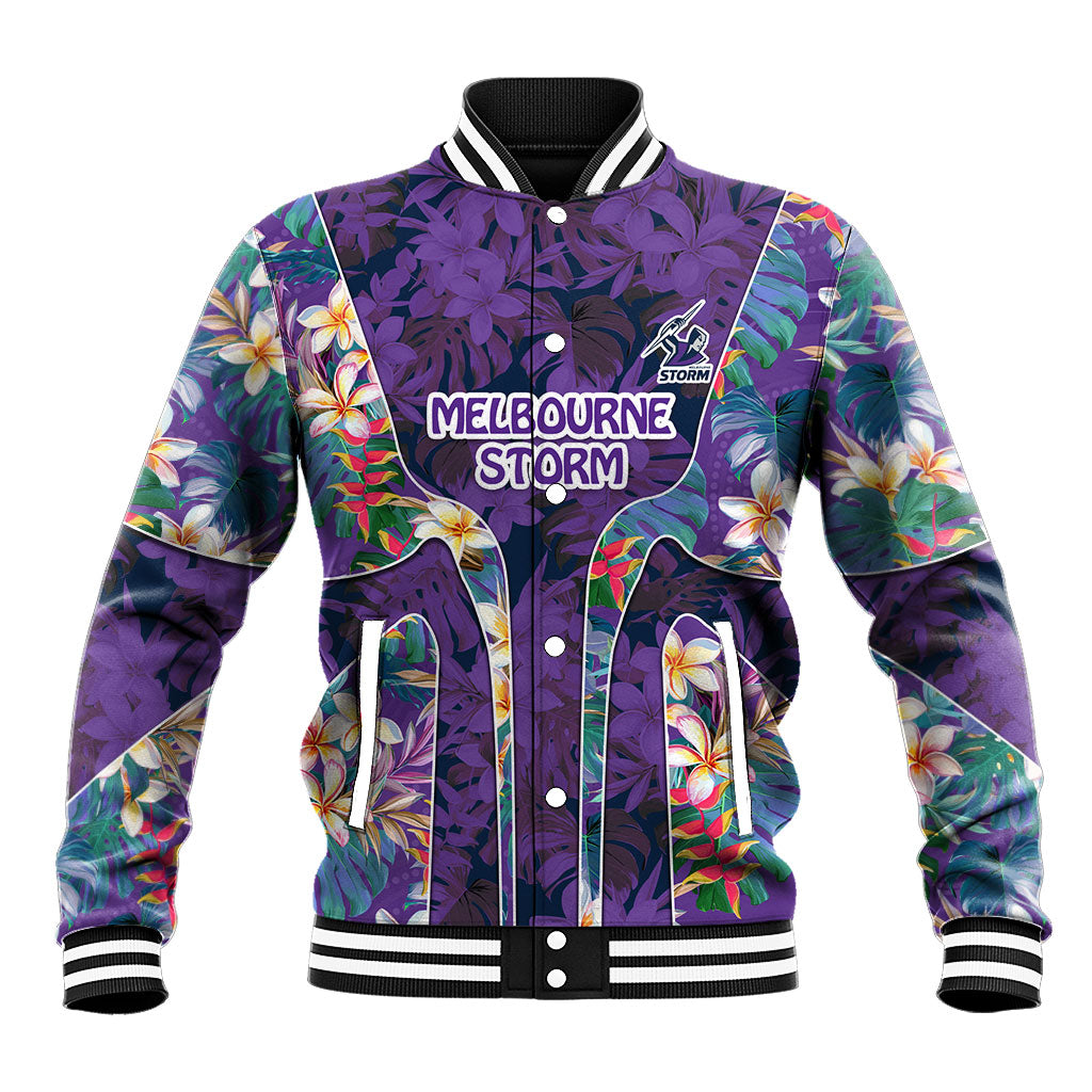 Melbourne Storm Baseball Jacket Tropical Hibiscus Floral Pattern With Purple And Blue Accents
