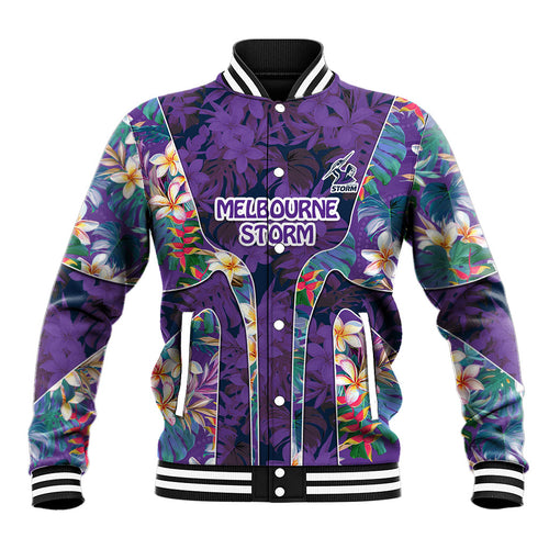Melbourne Storm Baseball Jacket Tropical Hibiscus Floral Pattern With Purple And Blue Accents