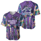 Melbourne Storm Baseball Jersey Tropical Hibiscus Floral Pattern With Purple And Blue Accents