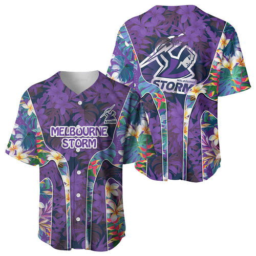 Melbourne Storm Baseball Jersey Tropical Hibiscus Floral Pattern With Purple And Blue Accents