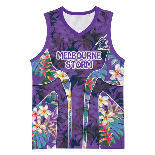 Melbourne Storm Basketball Jersey Tropical Hibiscus Floral Pattern With Purple And Blue Accents