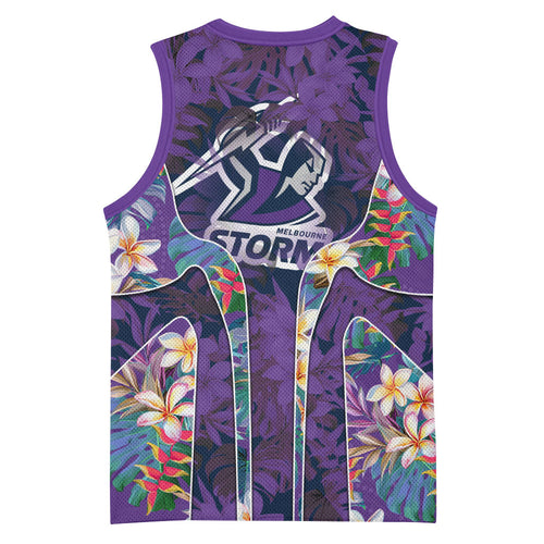 Melbourne Storm Basketball Jersey Tropical Hibiscus Floral Pattern With Purple And Blue Accents