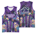 Melbourne Storm Basketball Jersey Tropical Hibiscus Floral Pattern With Purple And Blue Accents
