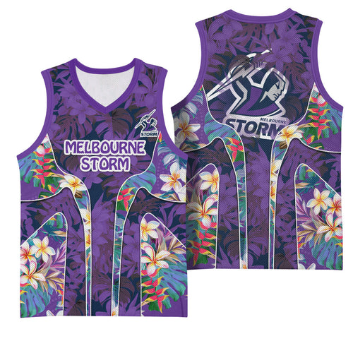 Melbourne Storm Basketball Jersey Tropical Hibiscus Floral Pattern With Purple And Blue Accents