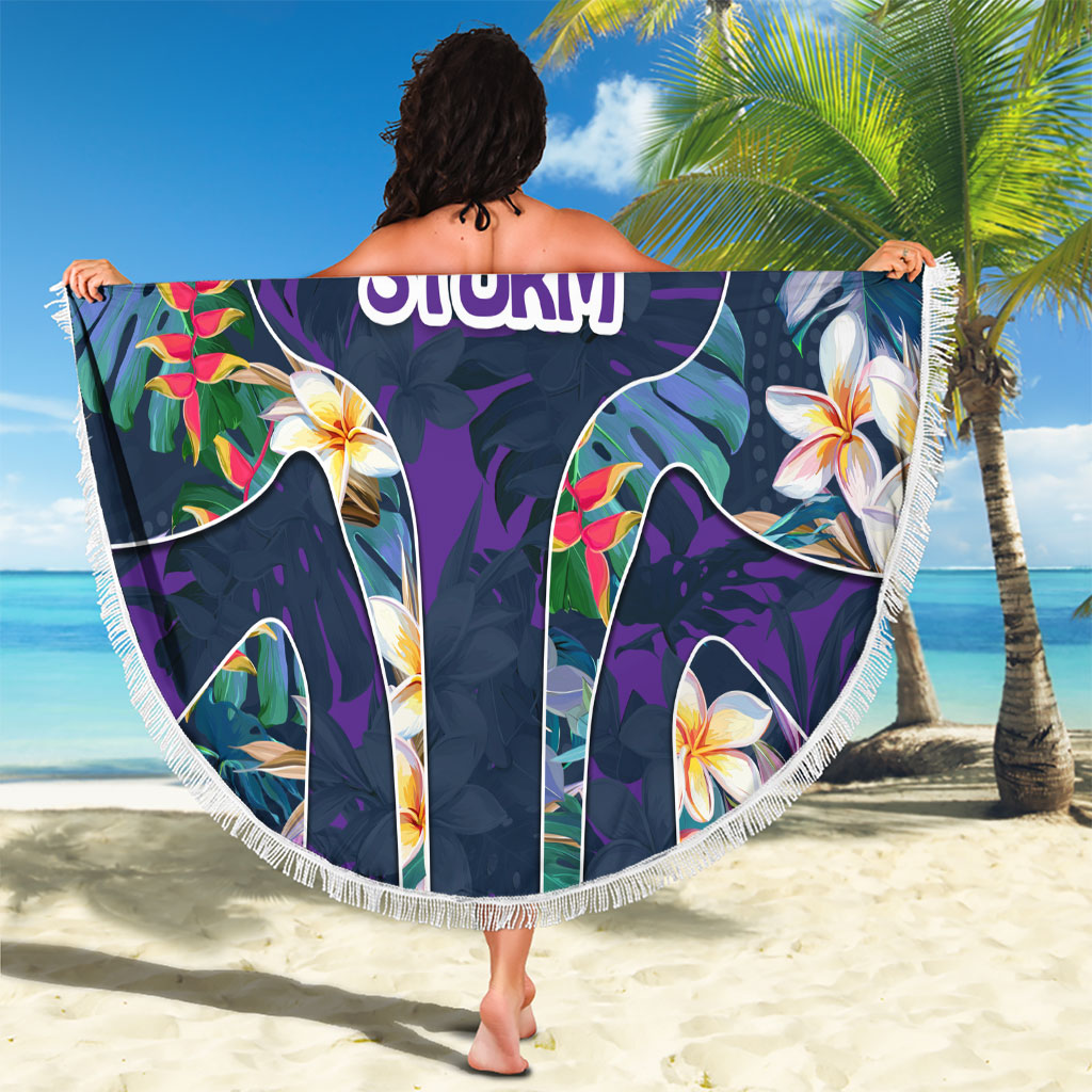 Melbourne Storm Beach Blanket Tropical Hibiscus Floral Pattern With Purple And Blue Accents