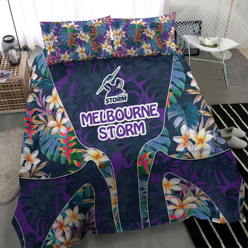 Melbourne Storm Bedding Set Tropical Hibiscus Floral Pattern With Purple And Blue Accents