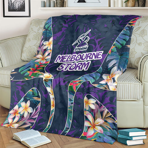 Melbourne Storm Blanket Tropical Hibiscus Floral Pattern With Purple And Blue Accents