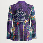 Melbourne Storm Blazer Tropical Hibiscus Floral Pattern With Purple And Blue Accents