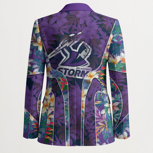 Melbourne Storm Blazer Tropical Hibiscus Floral Pattern With Purple And Blue Accents