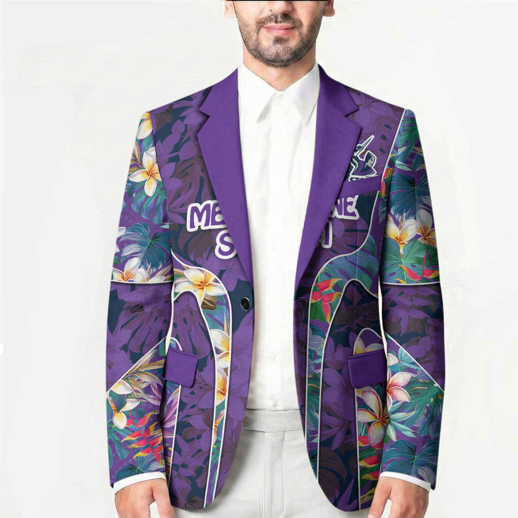 Melbourne Storm Blazer Tropical Hibiscus Floral Pattern With Purple And Blue Accents
