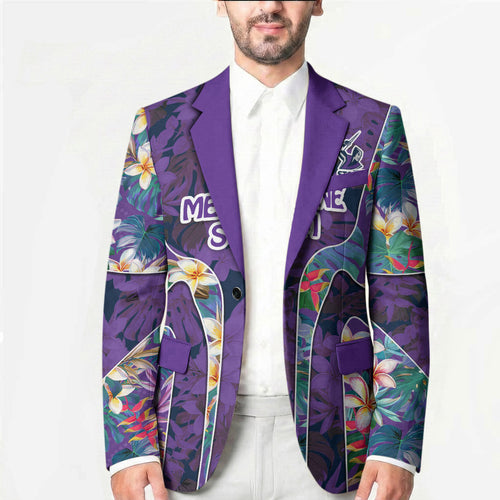 Melbourne Storm Blazer Tropical Hibiscus Floral Pattern With Purple And Blue Accents