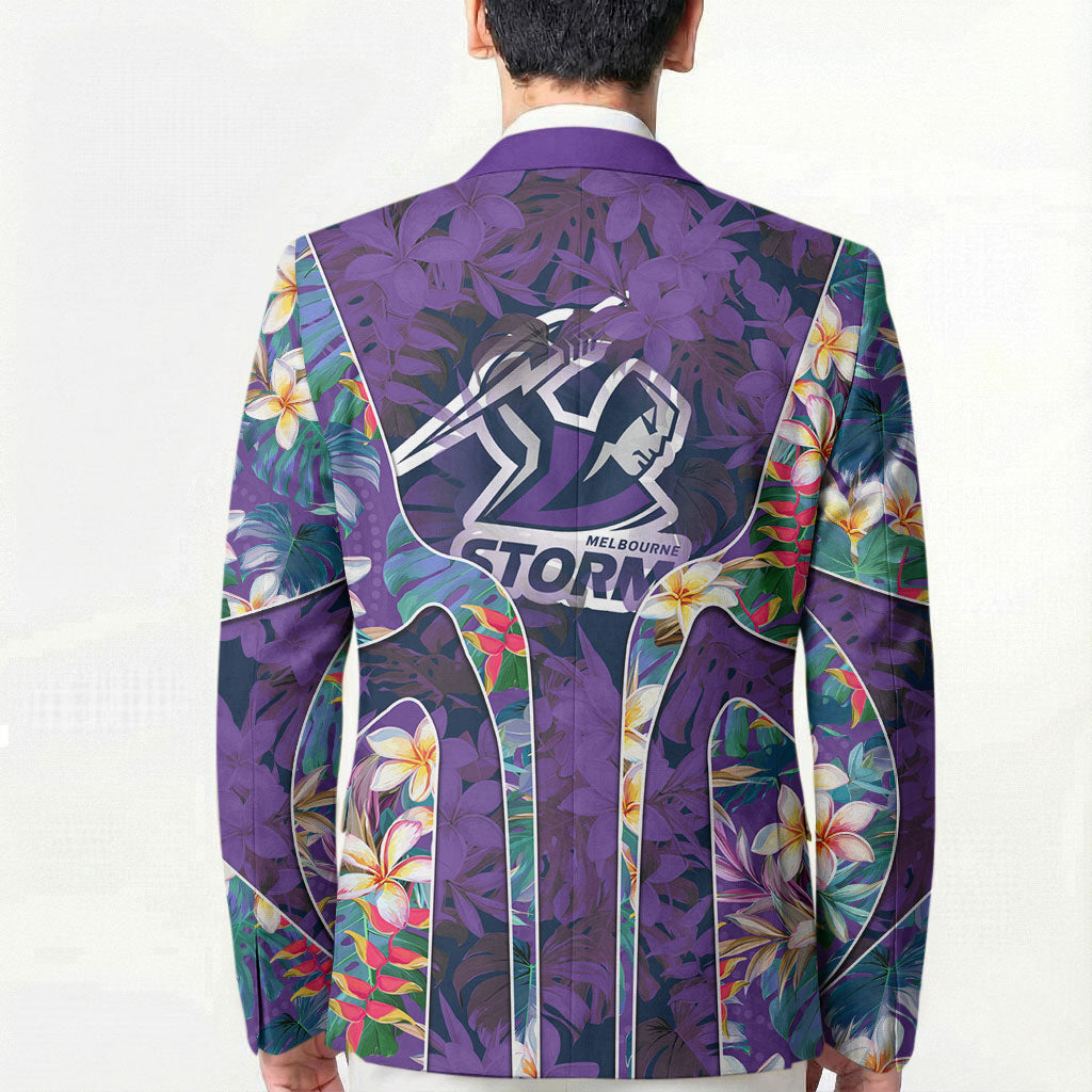 Melbourne Storm Blazer Tropical Hibiscus Floral Pattern With Purple And Blue Accents