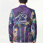 Melbourne Storm Blazer Tropical Hibiscus Floral Pattern With Purple And Blue Accents