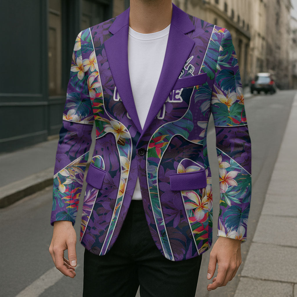 Melbourne Storm Blazer Tropical Hibiscus Floral Pattern With Purple And Blue Accents