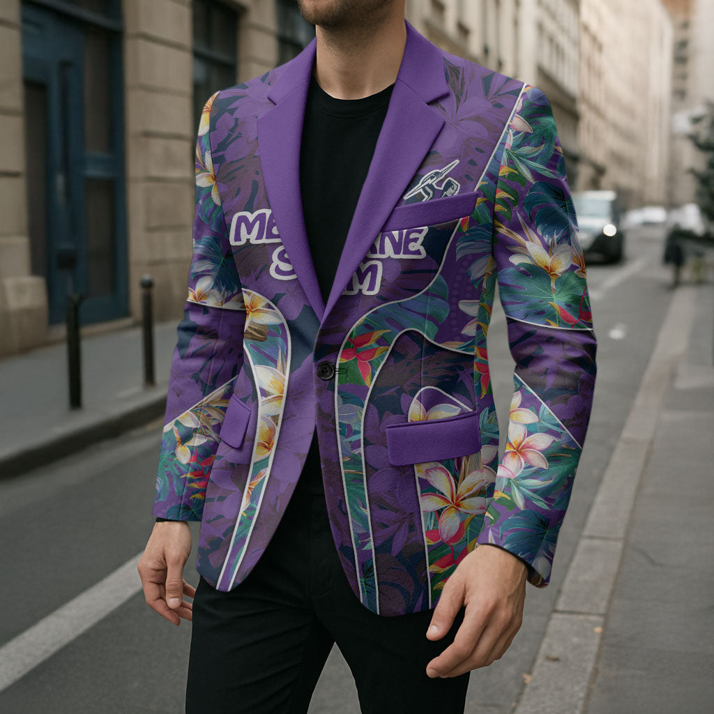 Melbourne Storm Blazer Tropical Hibiscus Floral Pattern With Purple And Blue Accents