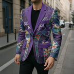 Melbourne Storm Blazer Tropical Hibiscus Floral Pattern With Purple And Blue Accents