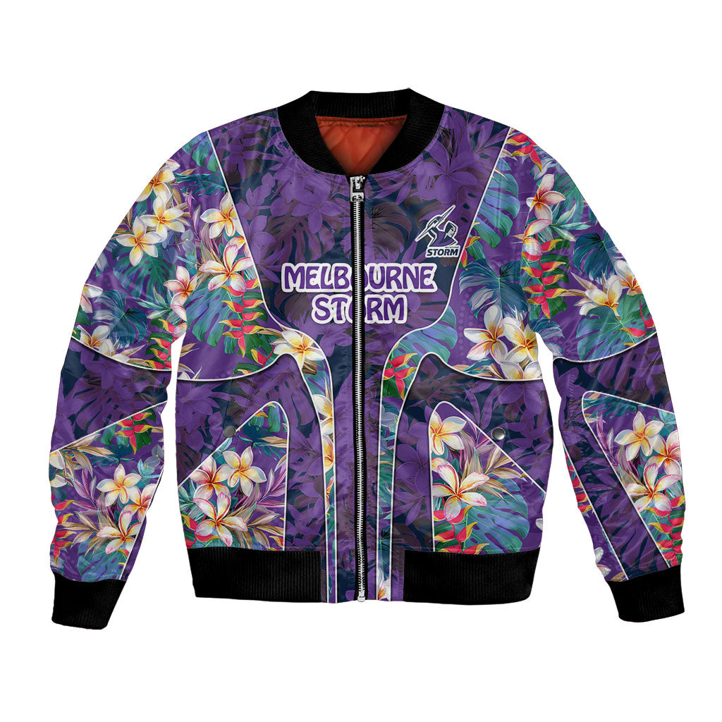 Melbourne Storm Bomber Jacket Tropical Hibiscus Floral Pattern With Purple And Blue Accents