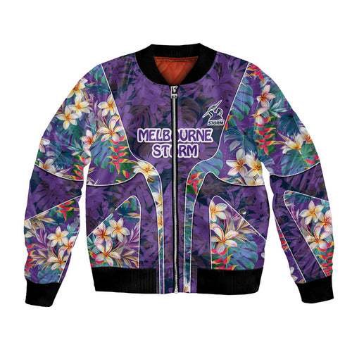 Melbourne Storm Bomber Jacket Tropical Hibiscus Floral Pattern With Purple And Blue Accents