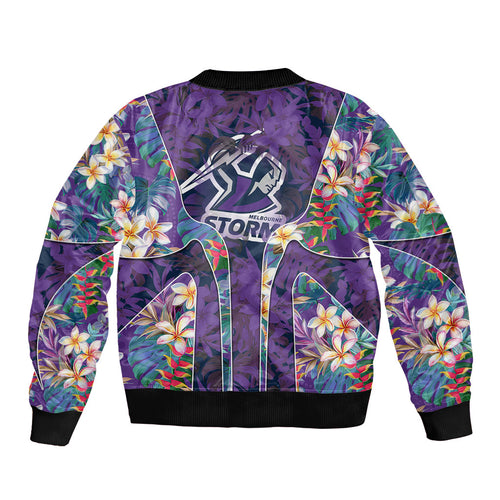 Melbourne Storm Bomber Jacket Tropical Hibiscus Floral Pattern With Purple And Blue Accents