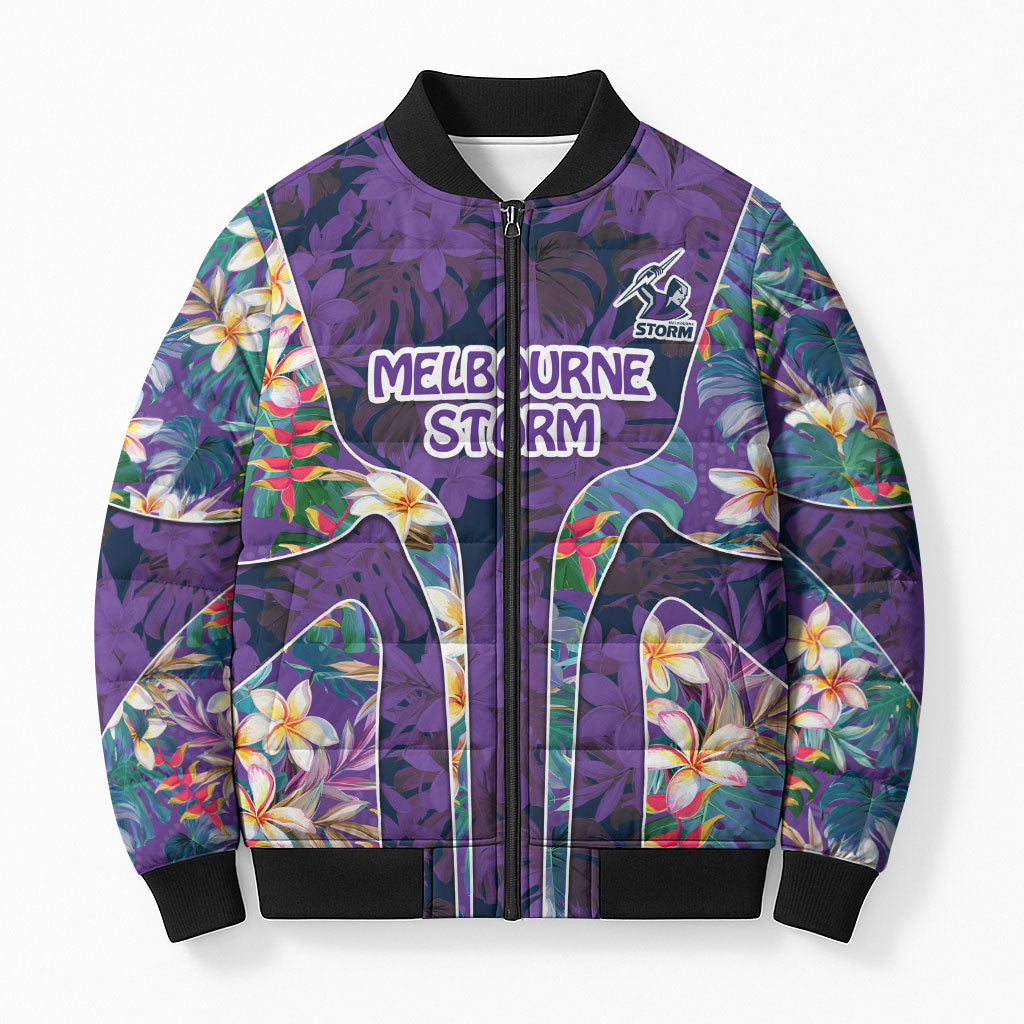 Melbourne Storm Bomber Puffer Jacket Tropical Hibiscus Floral Pattern With Purple And Blue Accents