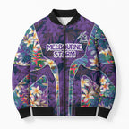 Melbourne Storm Bomber Puffer Jacket Tropical Hibiscus Floral Pattern With Purple And Blue Accents