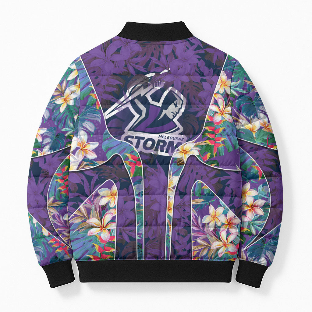 Melbourne Storm Bomber Puffer Jacket Tropical Hibiscus Floral Pattern With Purple And Blue Accents