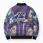 Melbourne Storm Bomber Puffer Jacket Tropical Hibiscus Floral Pattern With Purple And Blue Accents