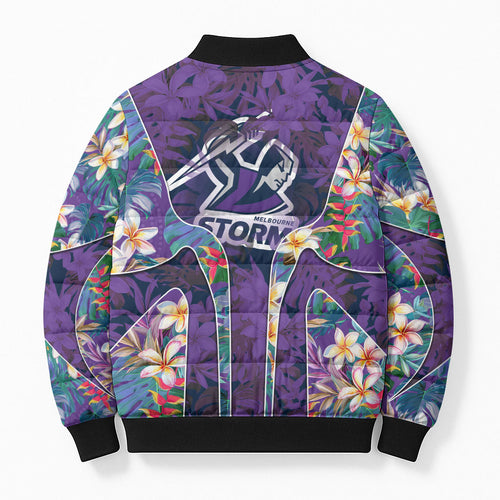 Melbourne Storm Bomber Puffer Jacket Tropical Hibiscus Floral Pattern With Purple And Blue Accents