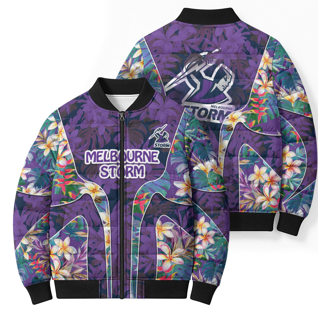 Melbourne Storm Bomber Puffer Jacket Tropical Hibiscus Floral Pattern With Purple And Blue Accents