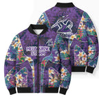 Melbourne Storm Bomber Puffer Jacket Tropical Hibiscus Floral Pattern With Purple And Blue Accents