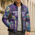 Melbourne Storm Bomber Puffer Jacket Tropical Hibiscus Floral Pattern With Purple And Blue Accents