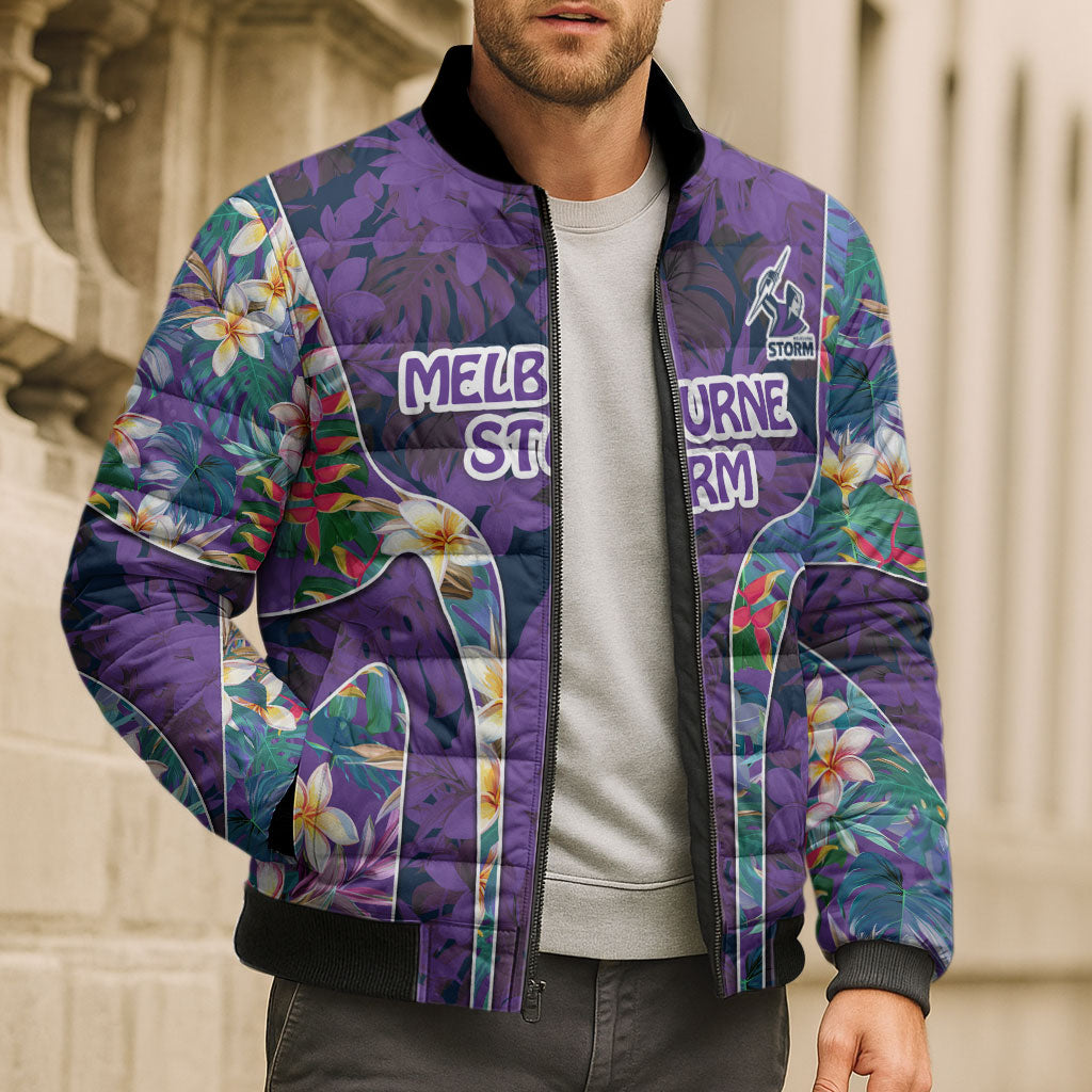 Melbourne Storm Bomber Puffer Jacket Tropical Hibiscus Floral Pattern With Purple And Blue Accents