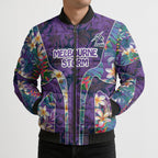 Melbourne Storm Bomber Puffer Jacket Tropical Hibiscus Floral Pattern With Purple And Blue Accents