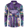Melbourne Storm Button Sweatshirt Tropical Hibiscus Floral Pattern With Purple And Blue Accents