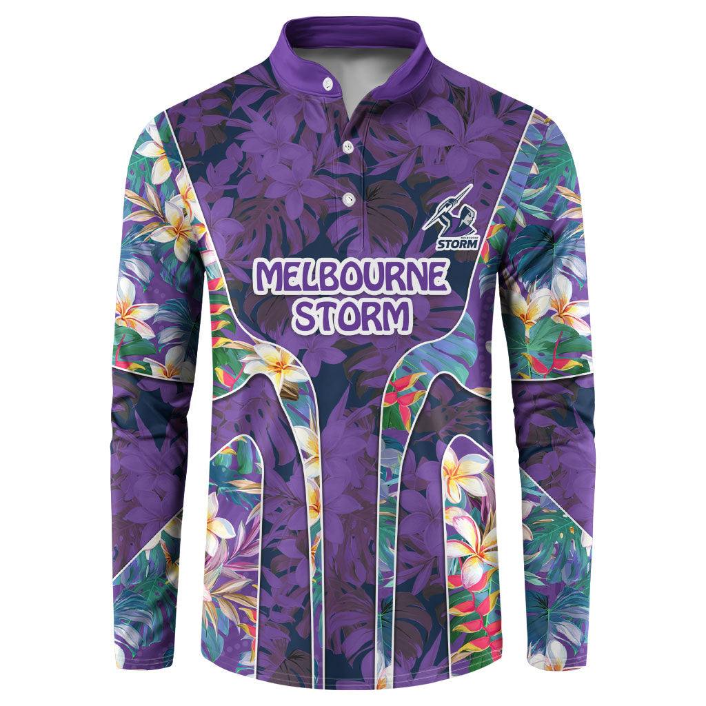 Melbourne Storm Button Sweatshirt Tropical Hibiscus Floral Pattern With Purple And Blue Accents