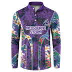 Melbourne Storm Button Sweatshirt Tropical Hibiscus Floral Pattern With Purple And Blue Accents